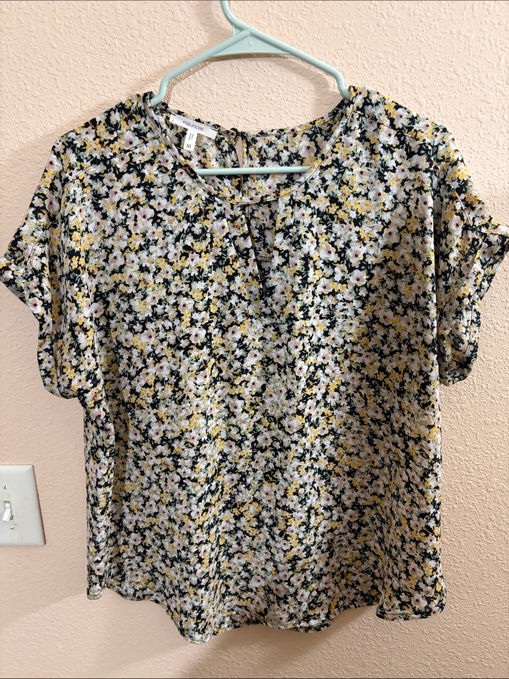 Maurice’s Floral Split-Neck Short Sleeve Top - Black/Yellow -